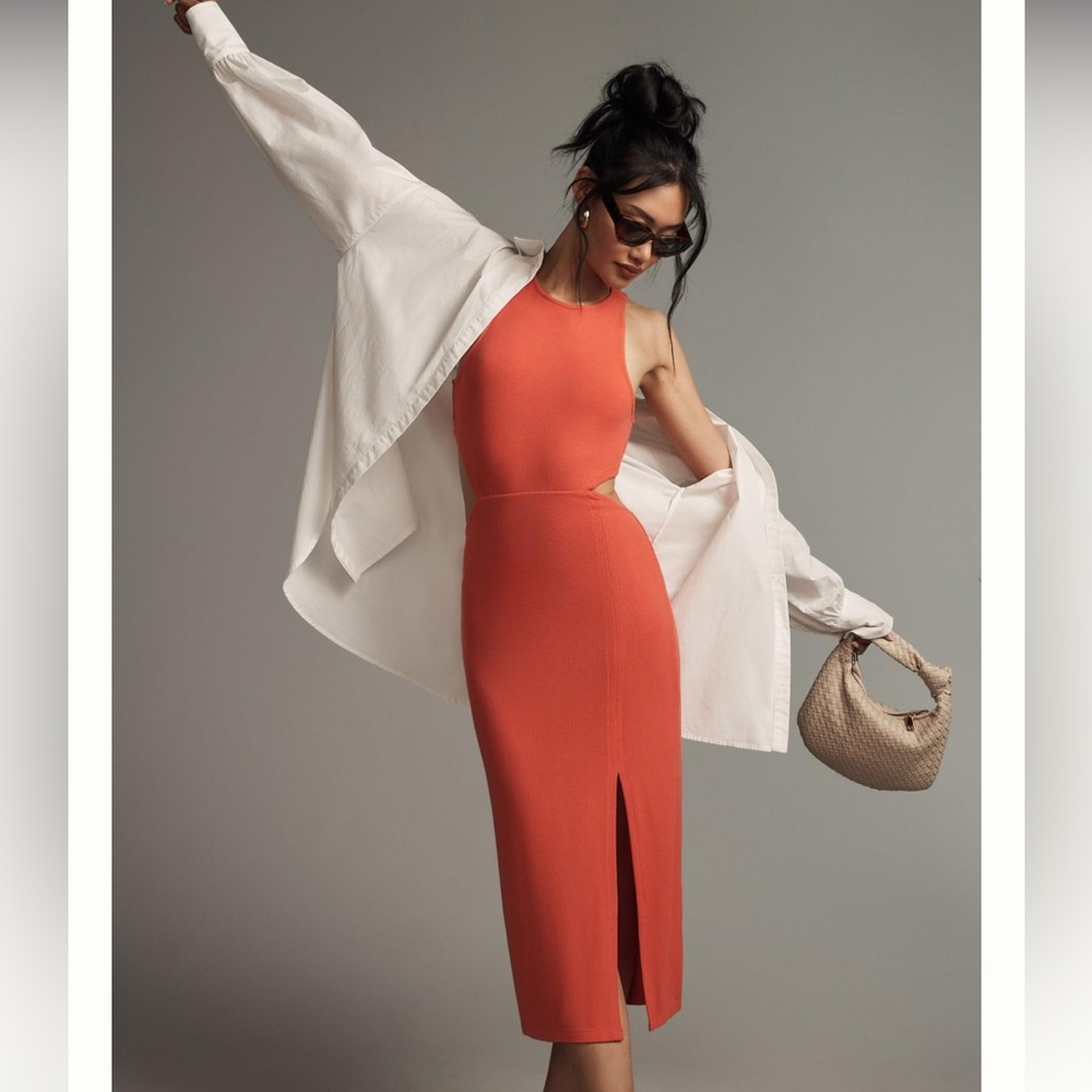 ANTHROPOLOGIE Bordeaux Cutout Tank Lounge Dress. Watermelon, coral, Ribbed, slit